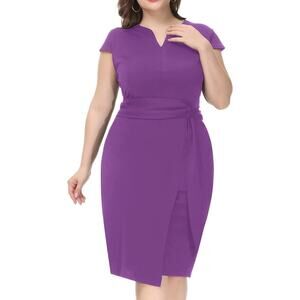 Hannah Nikole Sheath Dress Midi Split Neck Tie Waist Cap Sleeve Purple 22W New